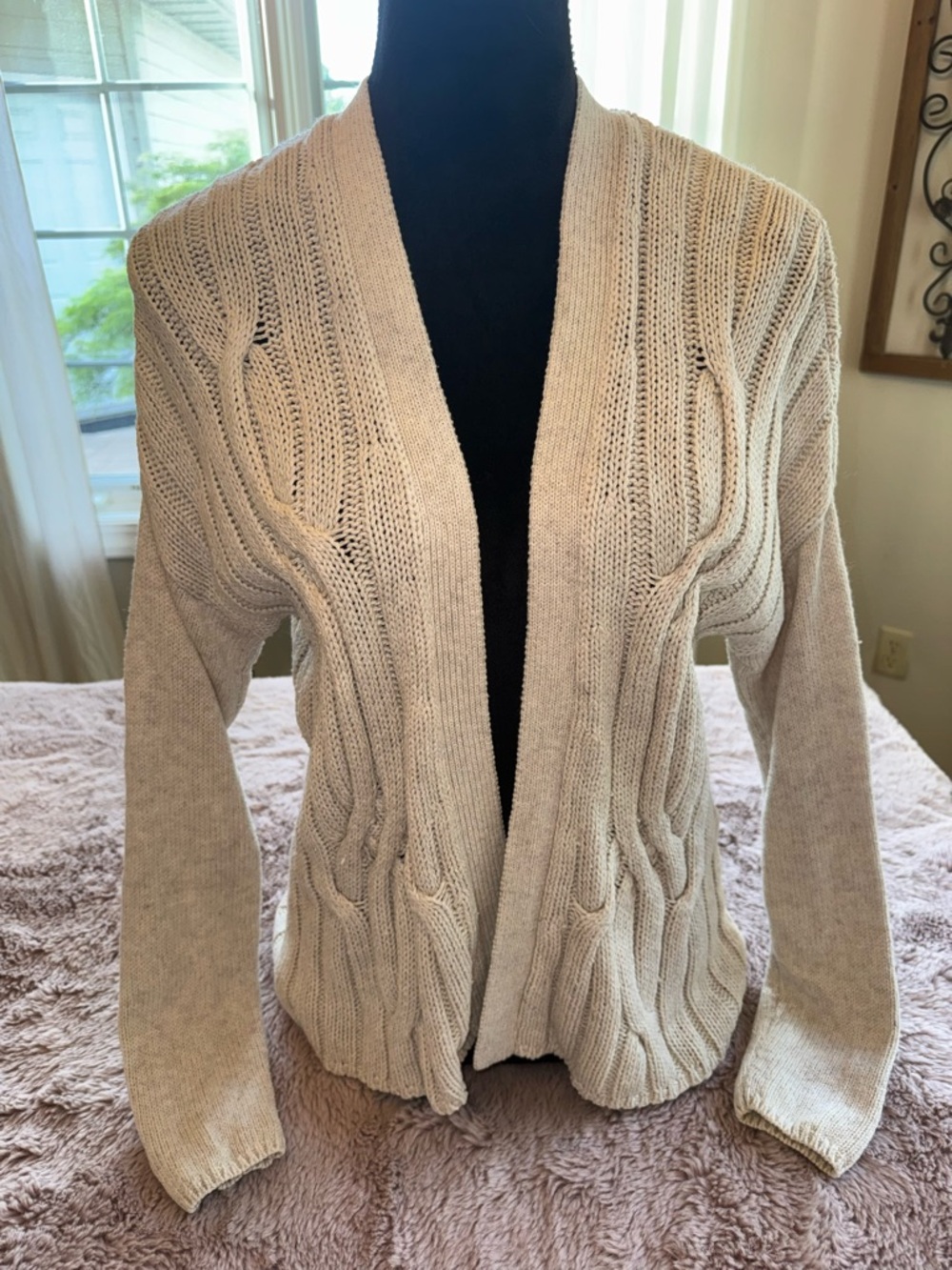 Beige Open-Front Cable Knit Women's Sweater Cardigan Size M